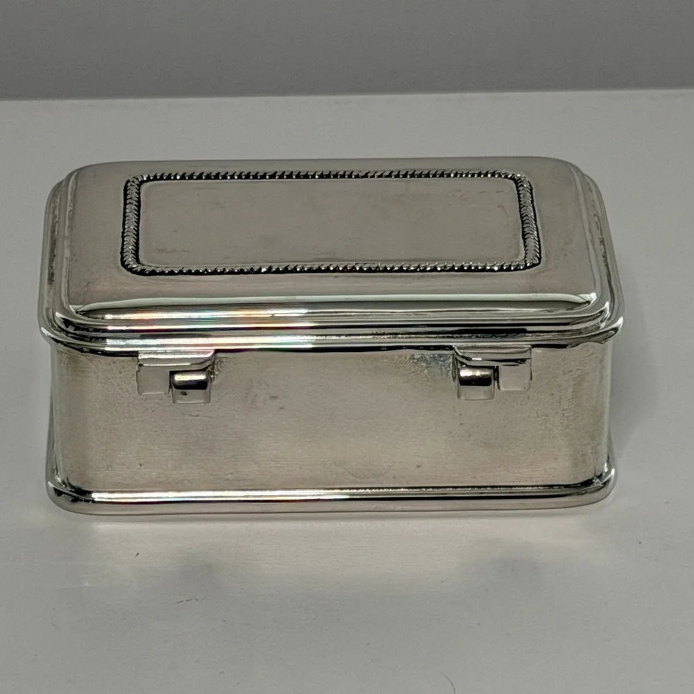 Vintage Silver Plate Trinket Box Blue Velvet Lined Jewelry Keepsake Box